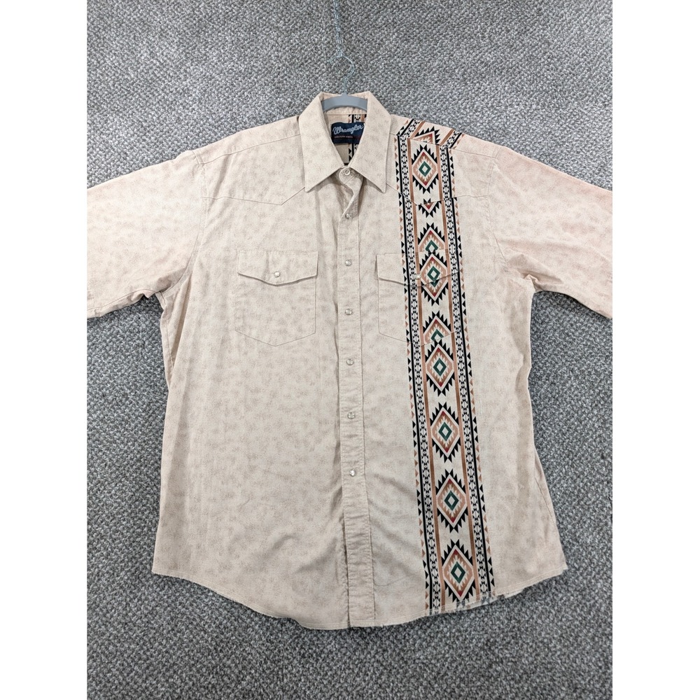 Wrangler Western Shirt Mens XL Tan Aztec Stripe Pearl Snap Short Sleeve Cowboy